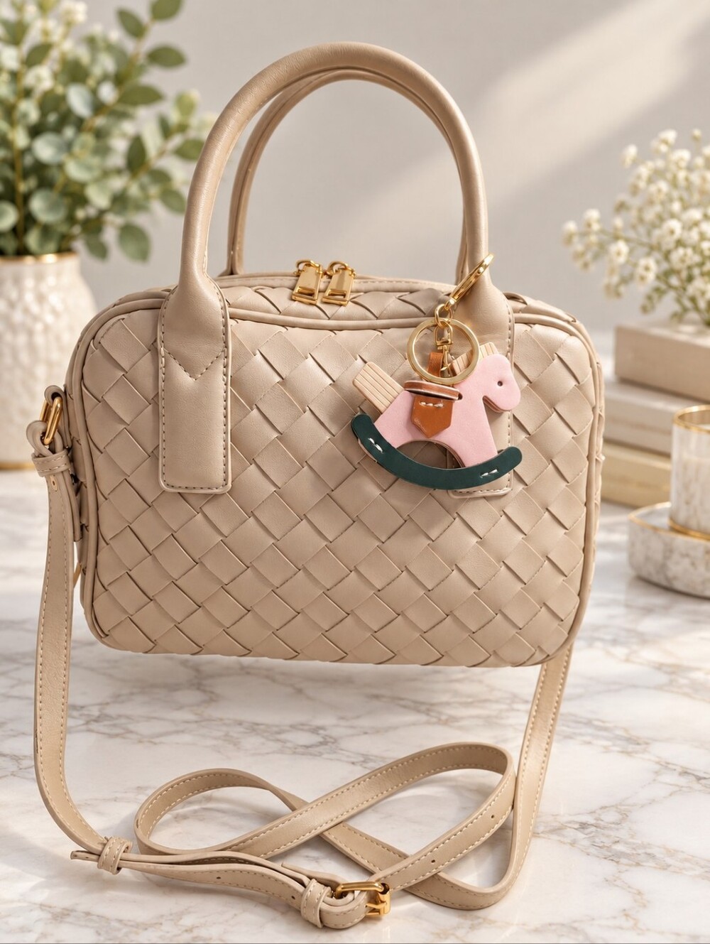 EAM Forever Woven Top Handle Satchel Crossbody Bag Taupe + Horse Bag Charm NWOT